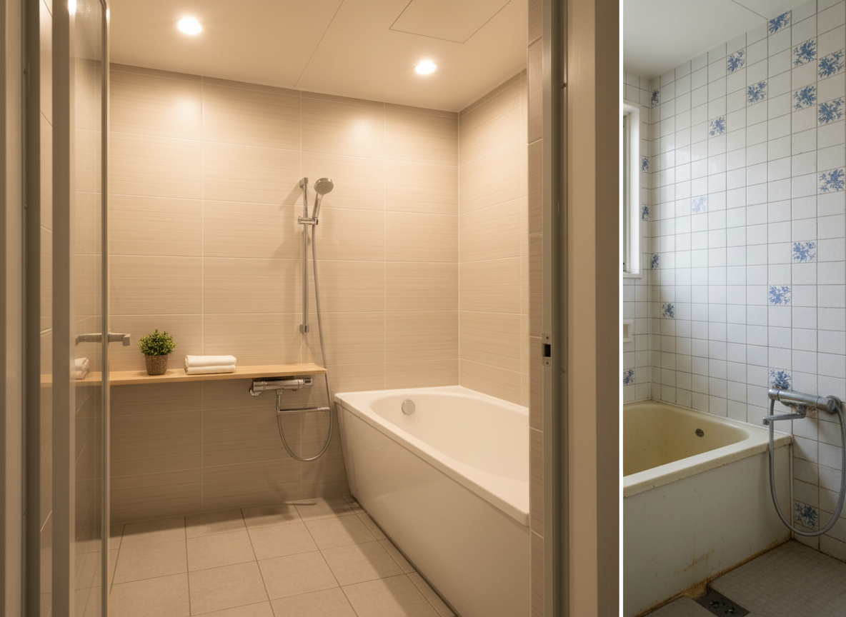 A meticulously finished bathroom renovation in a typical Gunma residence, captured in crisp photographic detail. The new space features a deep white acrylic soaking tub, large light-beige porcelain tiles on the walls, and a frameless glass partition. Along the right edge, a vertical strip reveals a faded glimpse of the previous bathroom with small, discolored tiles and an old enamel tub, subtly emphasizing the before-and-after improvement. Soft, diffused ceiling lights illuminate the room evenly, creating a serene, spa-like atmosphere. Shot from the doorway at eye level, the composition uses leading lines of the tiles and tub edge to draw the eye inward. Everything feels hygienic, modern, and professionally executed, reinforcing the reliability of the reform service.