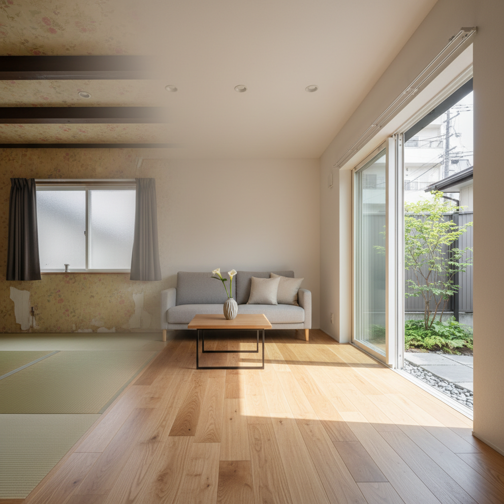 A freshly renovated modern living room in a typical Ota City, Gunma home, captured in photographic realism. The foreground shows a bright, open space with warm oak flooring, smooth white walls, and a large sliding glass door leading to a small urban garden. In the left third of the frame, a subtle, semi-transparent overlay of the former, dated room appears: yellowed wallpaper, worn tatami, and dark beams, contrasting with the new clean design. Soft afternoon natural light pours in, creating gentle highlights on the wood grain and casting calm shadows. Shot at eye level with sharp focus throughout, the composition feels professional and trustworthy, emphasizing the quality of the reform work and the sense of renewal.