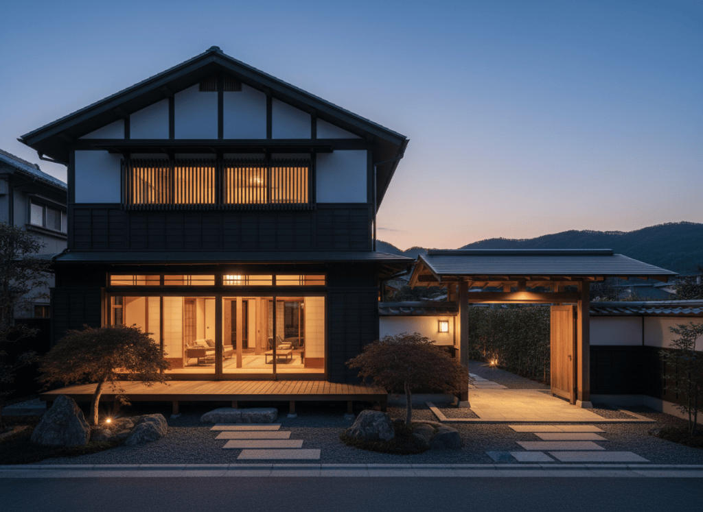 Sweeping wide banner of a beautifully renovated Japanese home exterior at dusk, warm interior lights glowing, elegant charcoal and cream facade, premium architectural photography, spacious composition