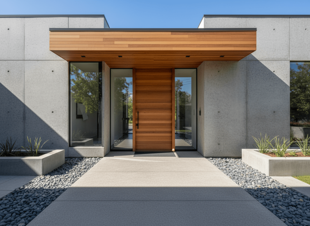 Modern renovated home entrance with clean concrete and wood details, sophisticated exterior design, high-end residential architecture, natural daylight