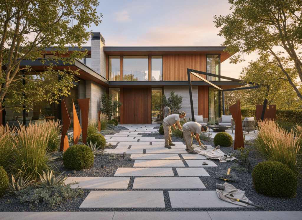 Elegant landscaped exterior garden and entrance approach of a modern home, stone pathway, minimalist planting, refined outdoor construction work, soft afternoon light
