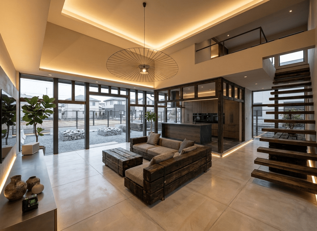 Open living room with wooden sofa set, large windows, floating wooden stairs, and recessed ceiling lighting.
